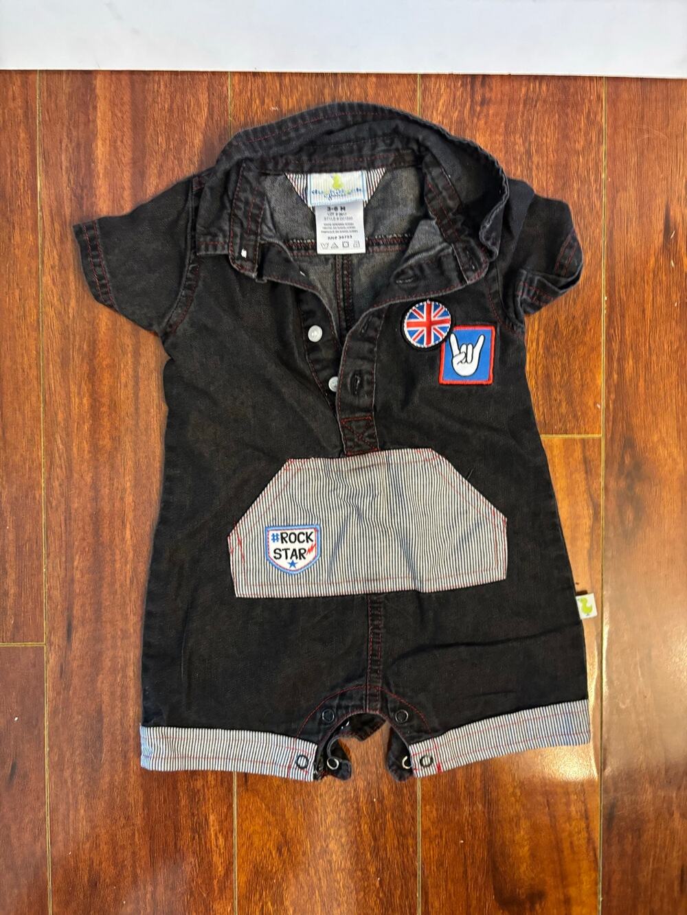 Duck Duck Goose Infant One Piece Denim Short Sleeve Bodysuit Rock Star Patch 3-6